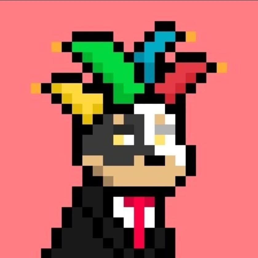 Official Rock coral-background pixel dog with a jester hat